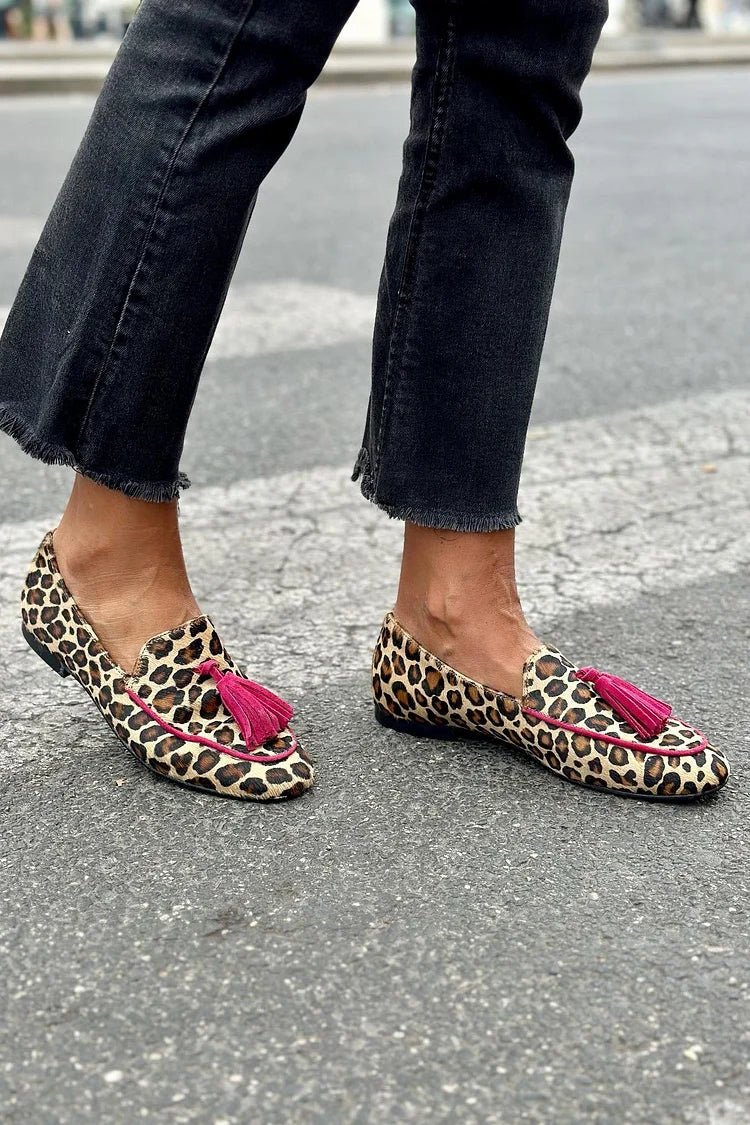 ANIMAL PRINT LOAFER WITH FUCHSIA FRINGES - SUNDRA