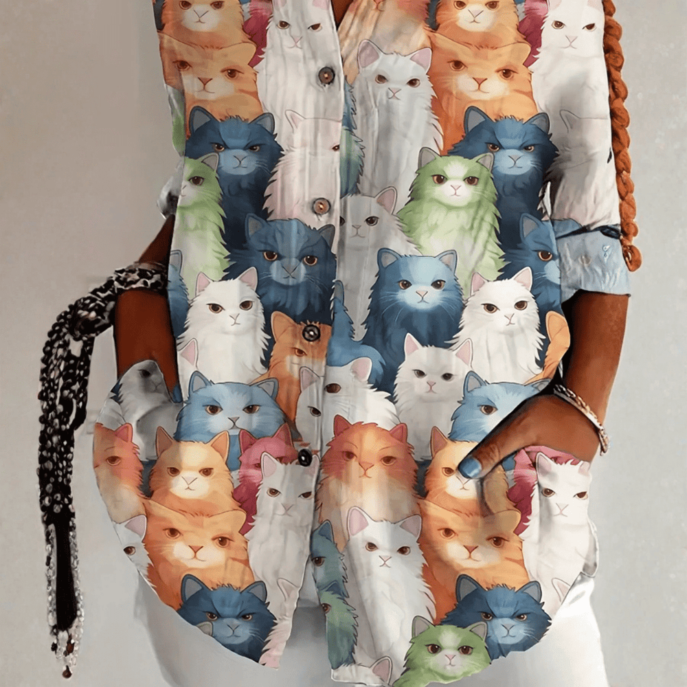 Cateline™ | Playful Cat Print Blouse - SUNDRA