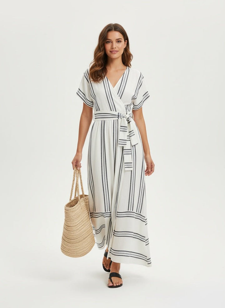 Elegant cross - neck linen dress - SUNDRA