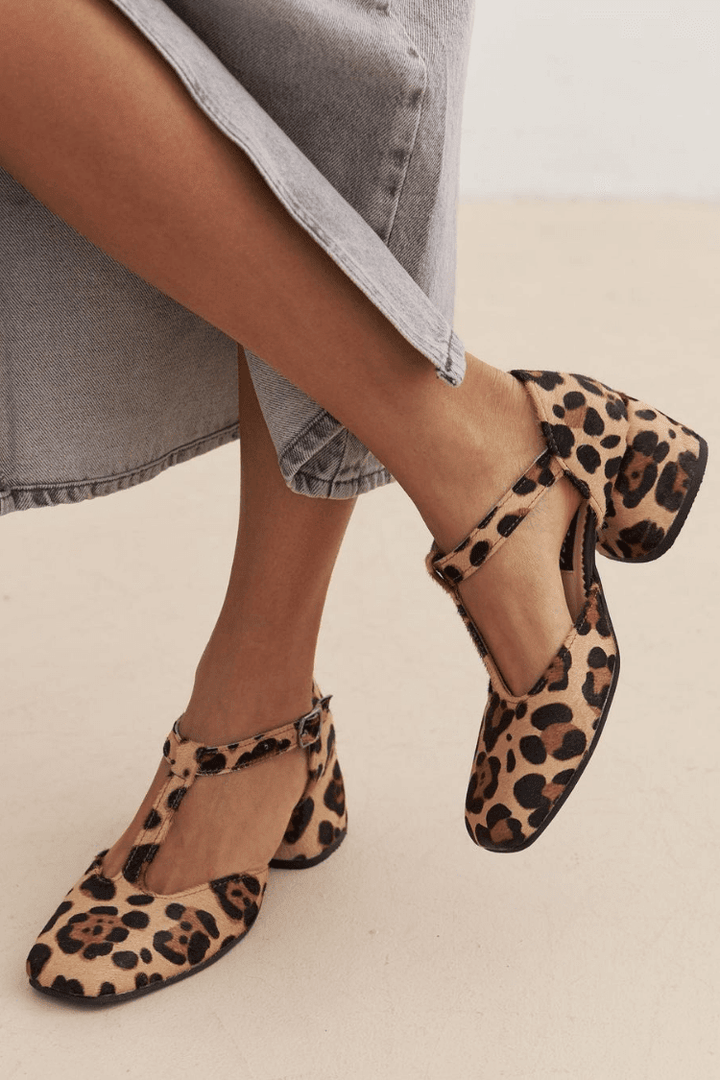LEOPARD T - STRAP BLOCK HEELS - SUNDRA