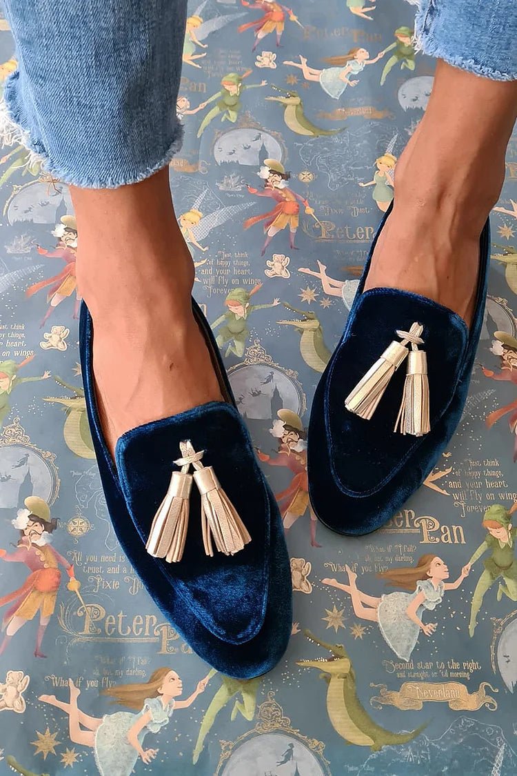 MIDNIGHT ELEGANCE LOAFERS WITH CHAMPAGNE TASSELS - SUNDRA
